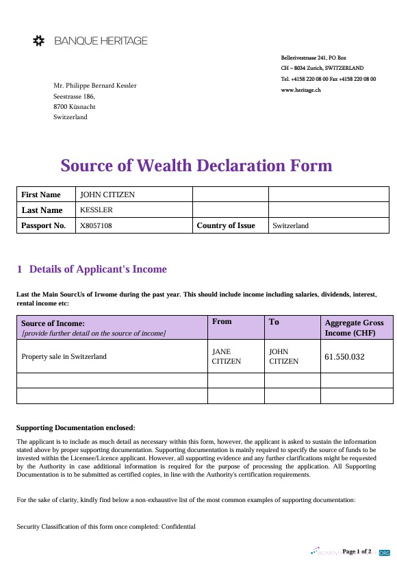 Download Switzerland Source of Wealth Declaration Heritage Bank Photoshop template